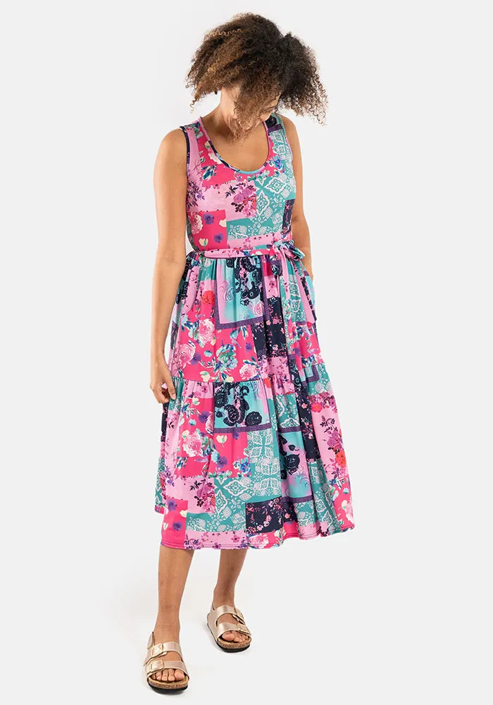 Claudine Pretty Patchwork Print Tiered Hem Midi Dress