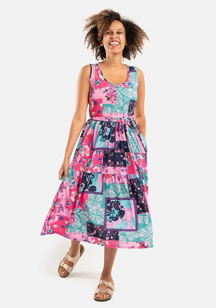 Claudine Pretty Patchwork Print Tiered Hem Midi Dress