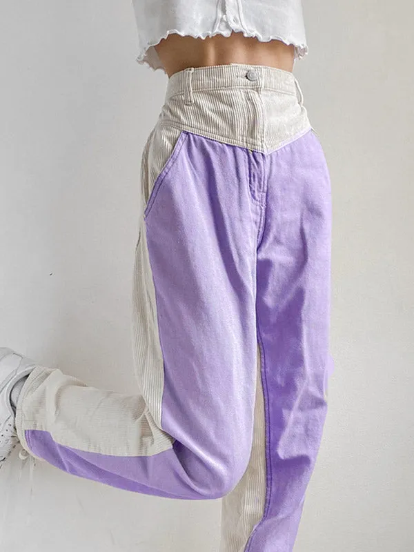 Corduroy Patchwork High Waist Straight Pants