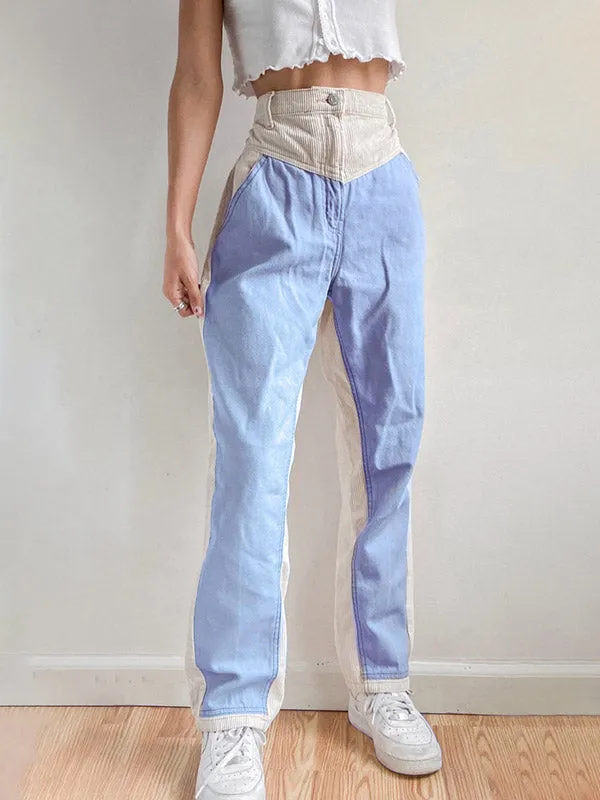 Corduroy Patchwork High Waist Straight Pants