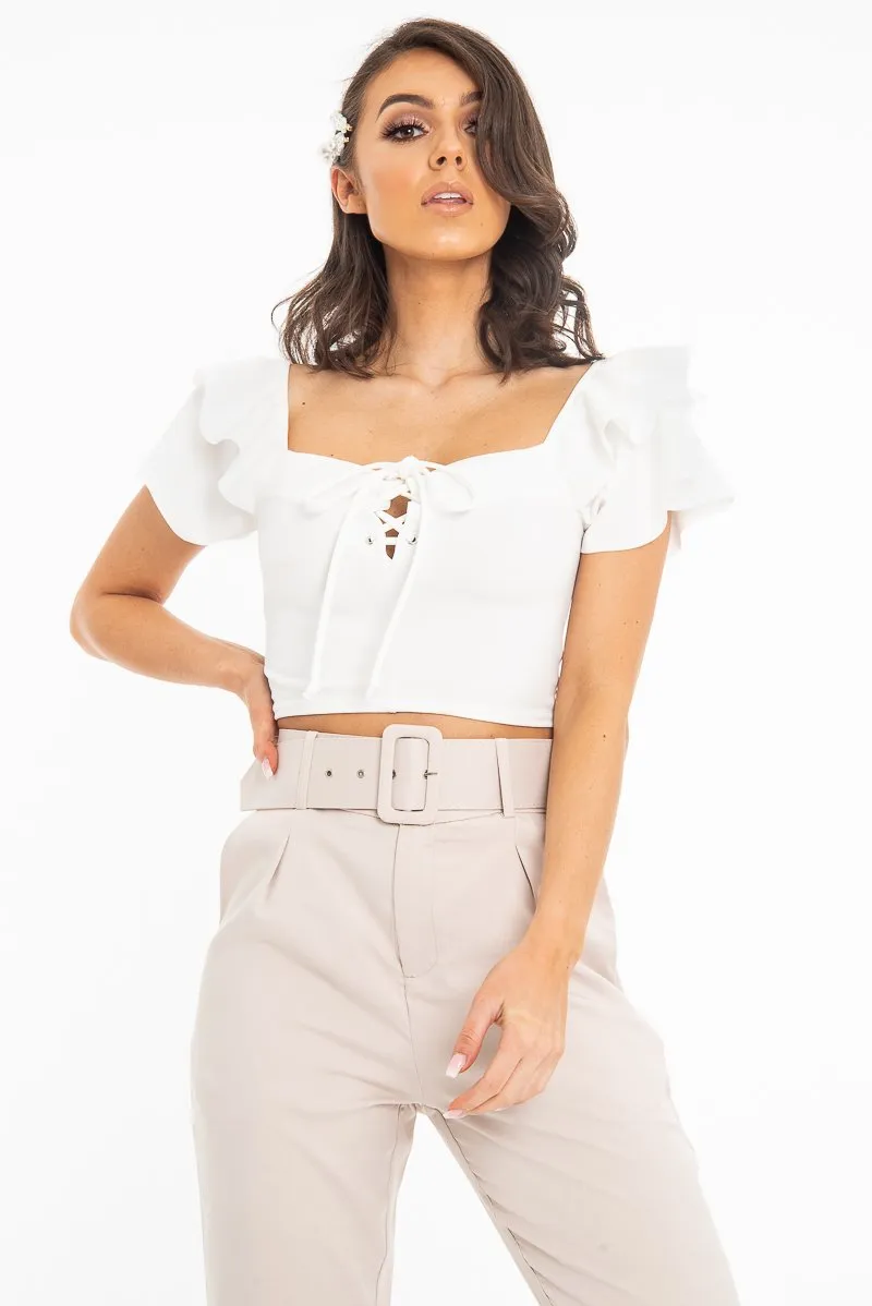 Cream Cold Shoulder Lace Up Bardot Crop Top - Kenndra