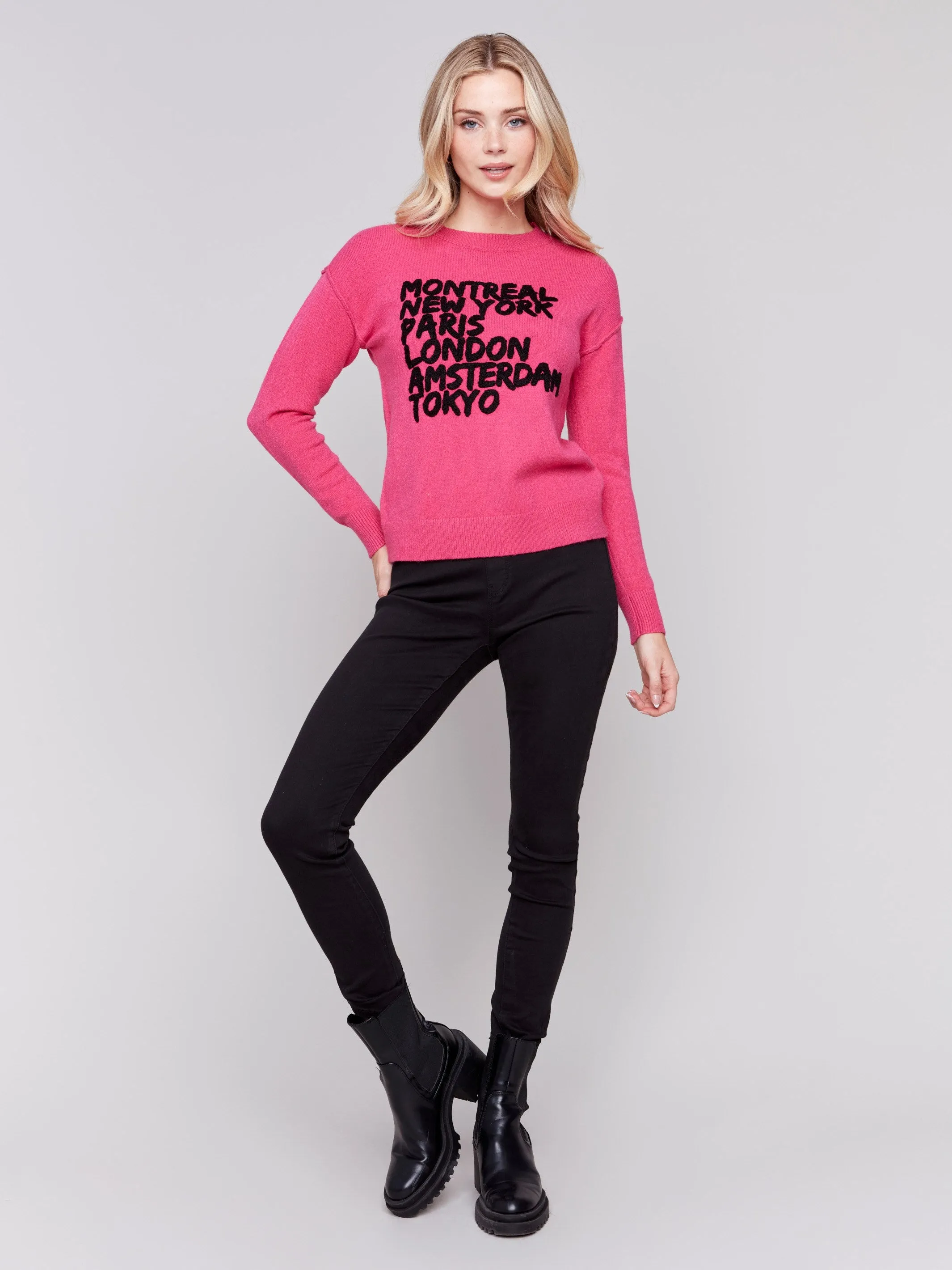 Embroidered Cities Crew Neck Sweater - Magenta