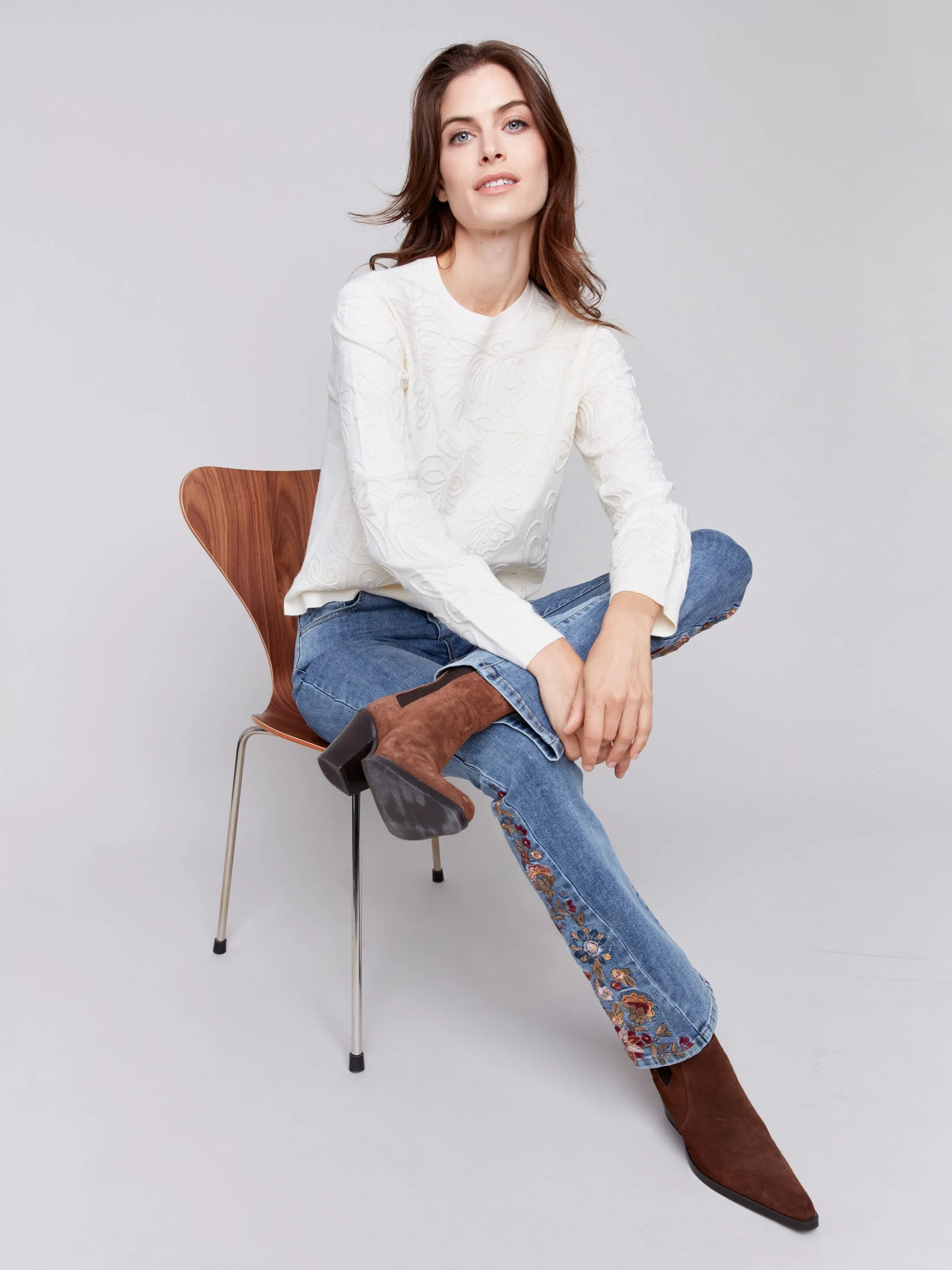 Embroidered Round Hem Sweater - Ecru