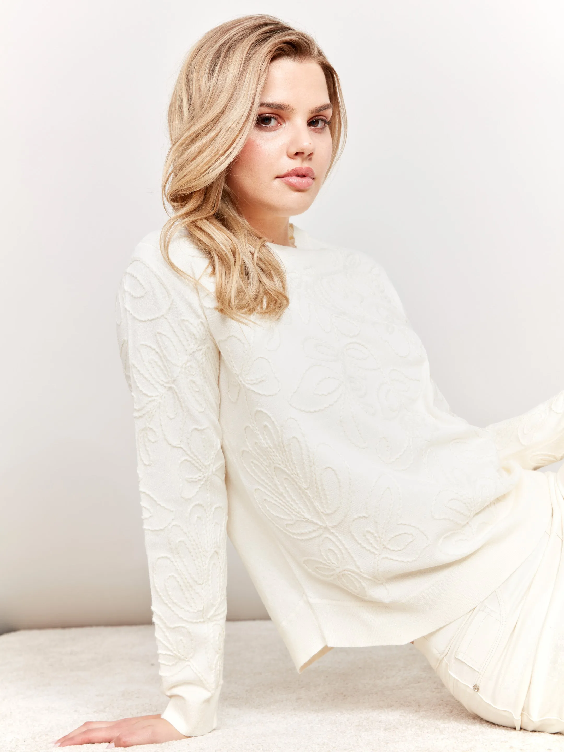 Embroidered Round Hem Sweater - Ecru