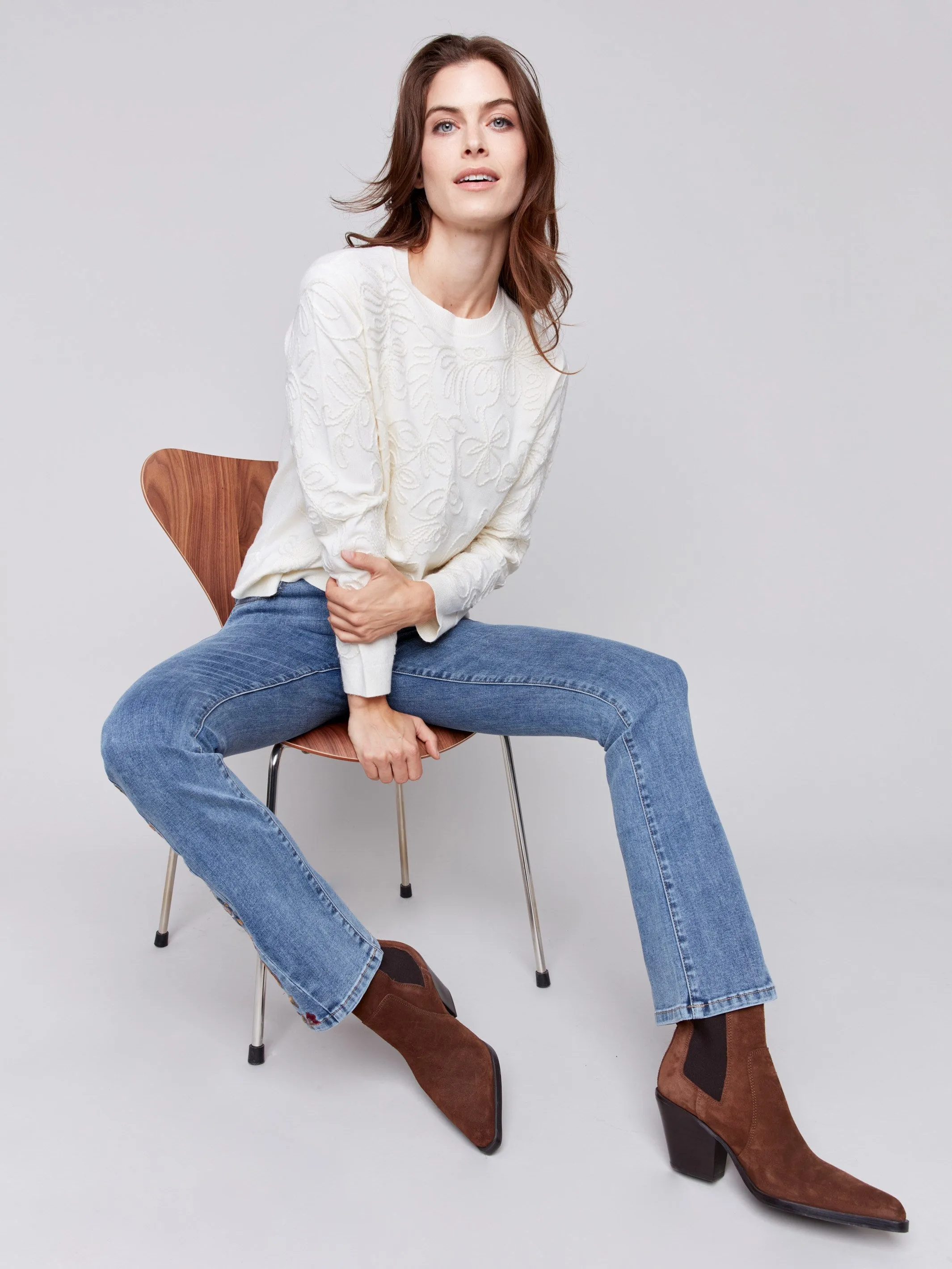 Embroidered Round Hem Sweater - Ecru