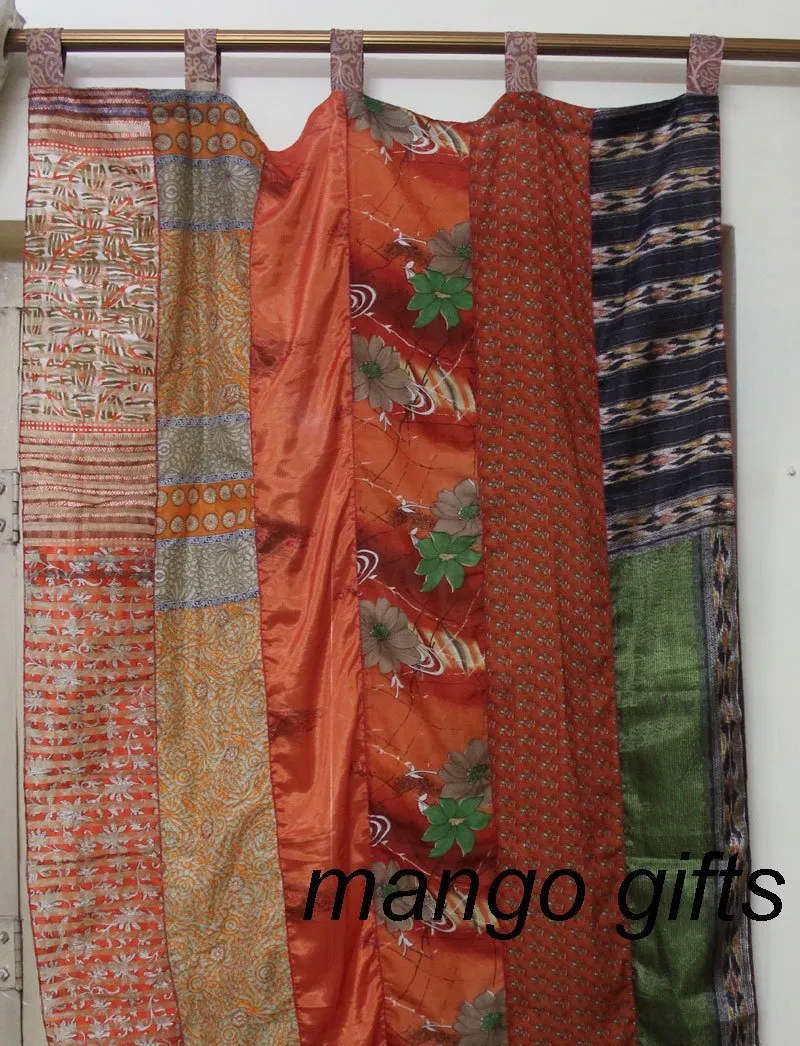 Extra Long Silk Sari Boho Curtains 14 feet Length Boho Theme Indian Sari Curtain Drapes