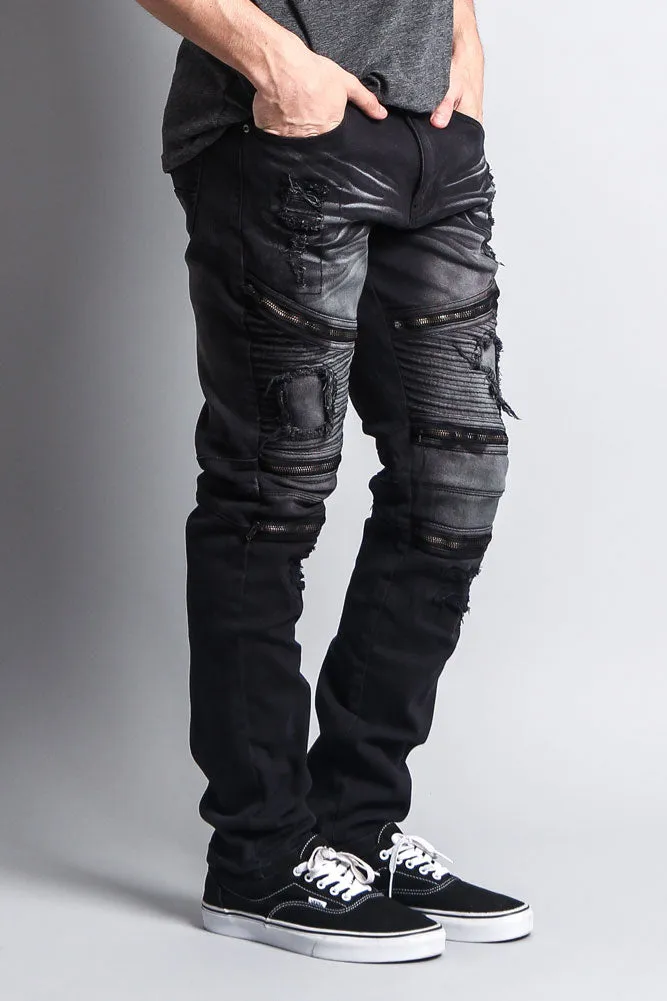 Faded Distressed Zipper Biker Jeans