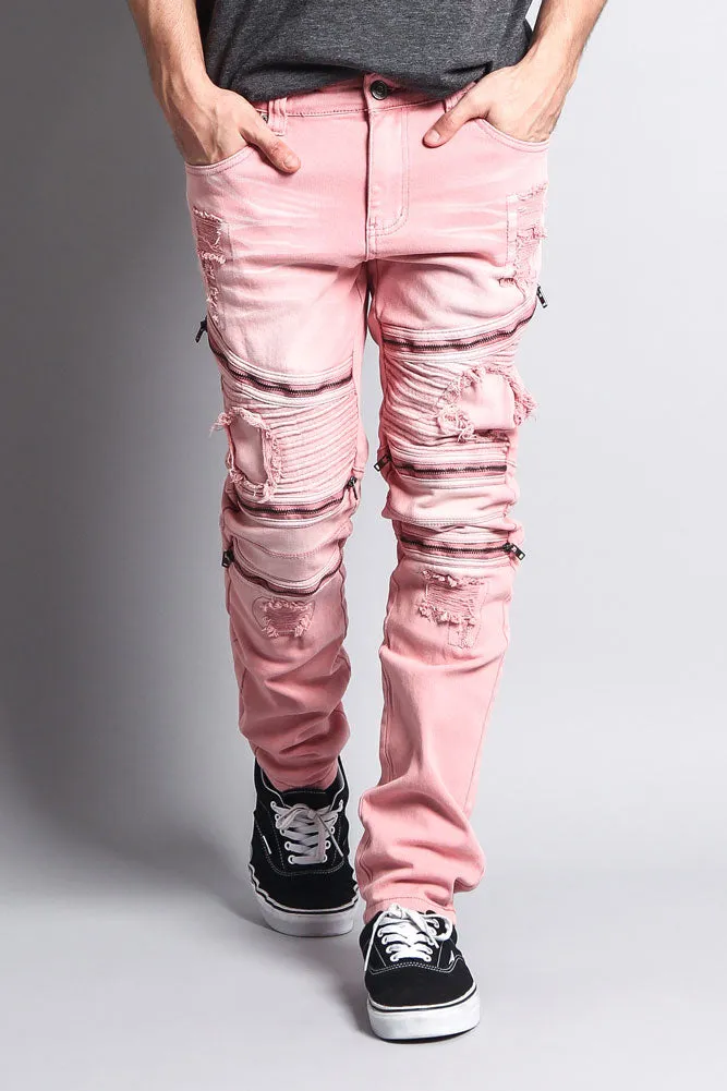 Faded Distressed Zipper Biker Jeans