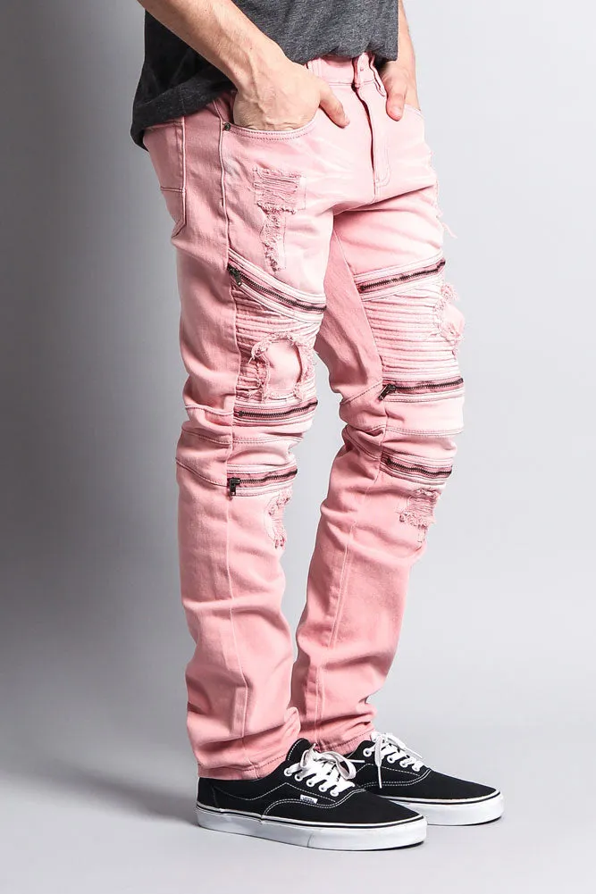 Faded Distressed Zipper Biker Jeans