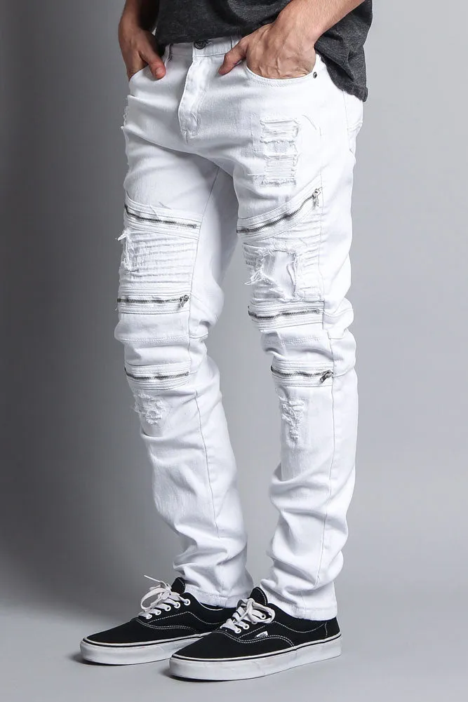 Faded Distressed Zipper Biker Jeans