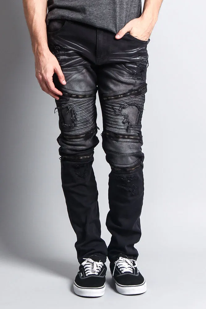 Faded Distressed Zipper Biker Jeans