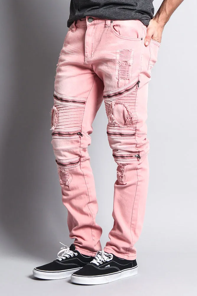 Faded Distressed Zipper Biker Jeans