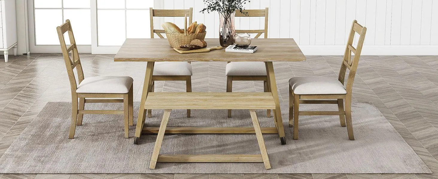 Farmhouse 6-Piece Dining Table Set, Solid Wood with 4 Upholstered Chairs & Bench