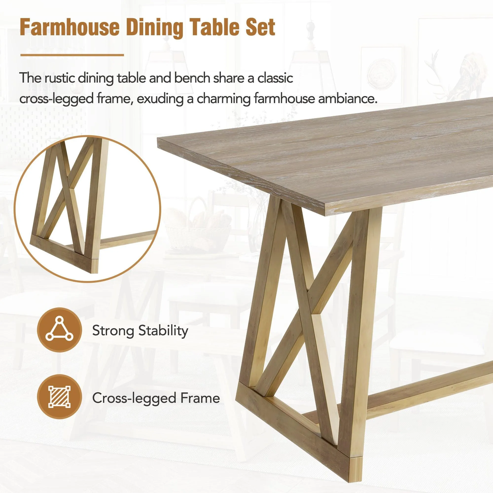 Farmhouse 6-Piece Dining Table Set, Solid Wood with 4 Upholstered Chairs & Bench