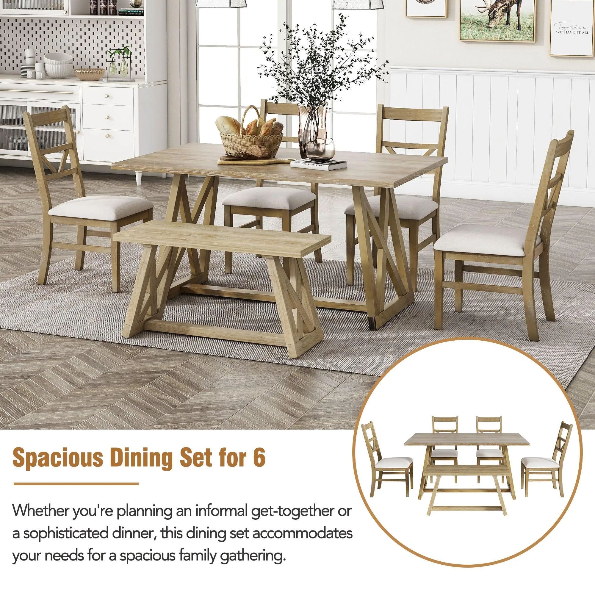 Farmhouse 6-Piece Dining Table Set, Solid Wood with 4 Upholstered Chairs & Bench