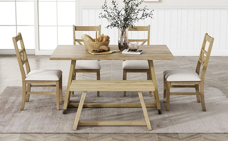 Farmhouse 6-Piece Dining Table Set, Solid Wood with 4 Upholstered Chairs & Bench