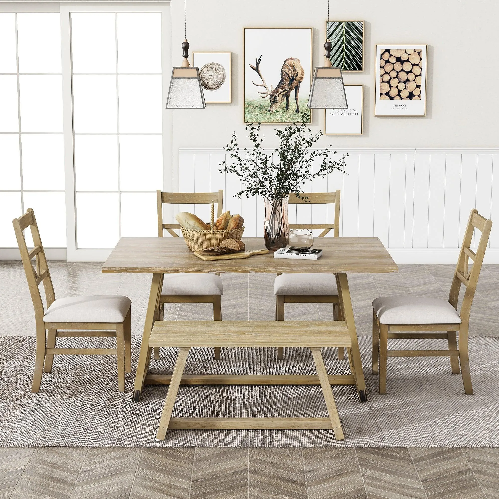 Farmhouse 6-Piece Dining Table Set, Solid Wood with 4 Upholstered Chairs & Bench