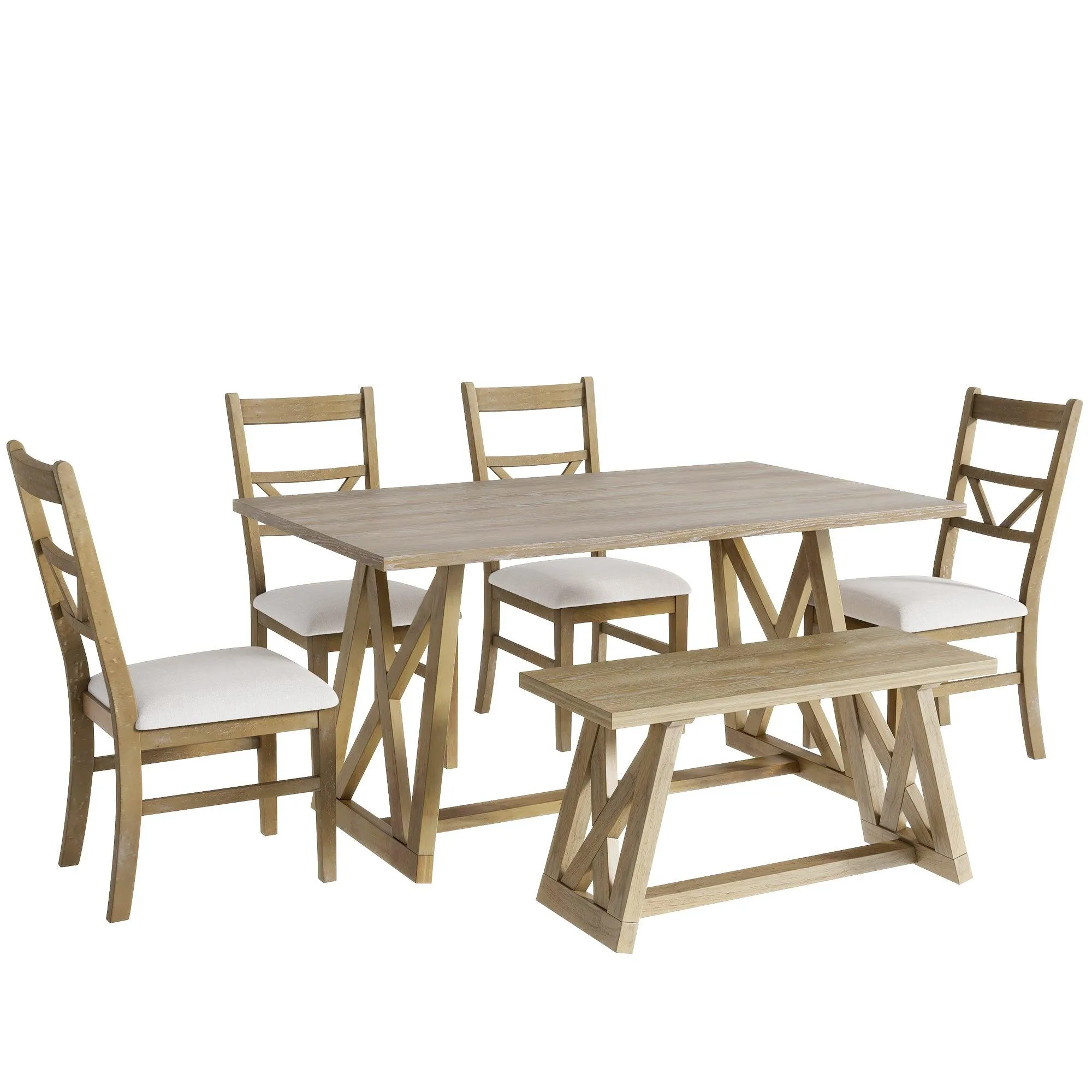 Farmhouse 6-Piece Dining Table Set, Solid Wood with 4 Upholstered Chairs & Bench