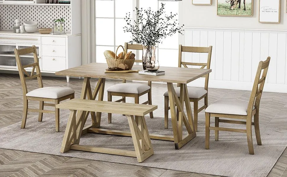 Farmhouse 6-Piece Dining Table Set, Solid Wood with 4 Upholstered Chairs & Bench