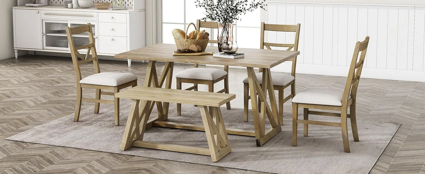 Farmhouse 6-Piece Dining Table Set, Solid Wood with 4 Upholstered Chairs & Bench