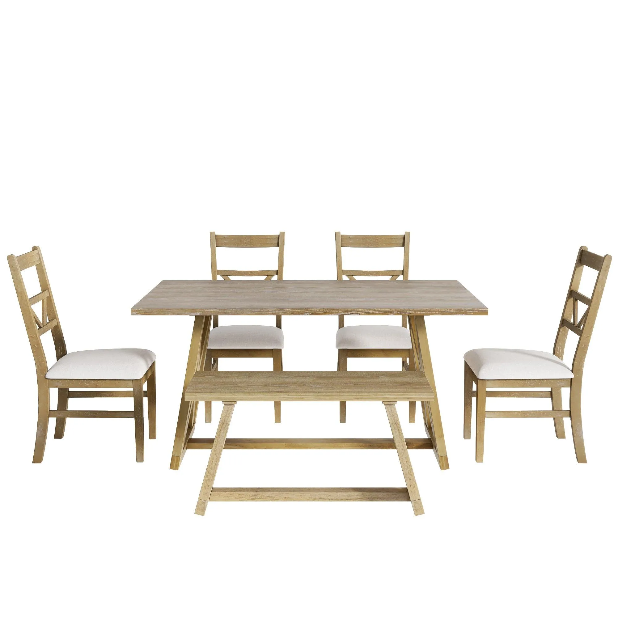 Farmhouse 6-Piece Dining Table Set, Solid Wood with 4 Upholstered Chairs & Bench