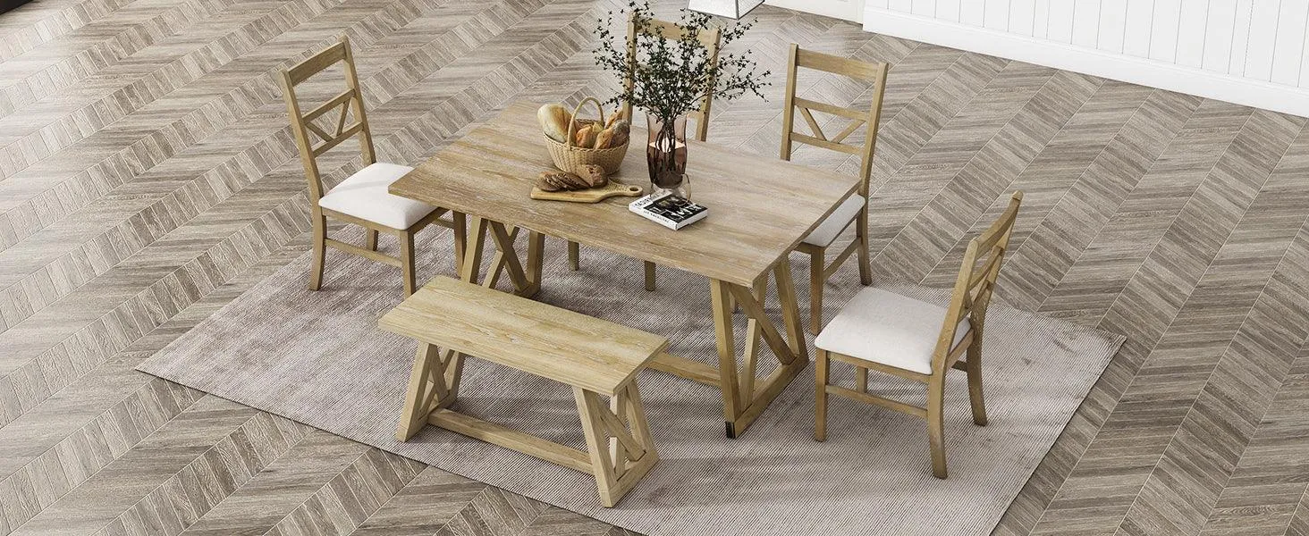 Farmhouse 6-Piece Dining Table Set, Solid Wood with 4 Upholstered Chairs & Bench