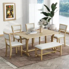 Farmhouse 6-Piece Trestle Dining Table Set, 59" with Upholstered Chairs & Bench, Brown