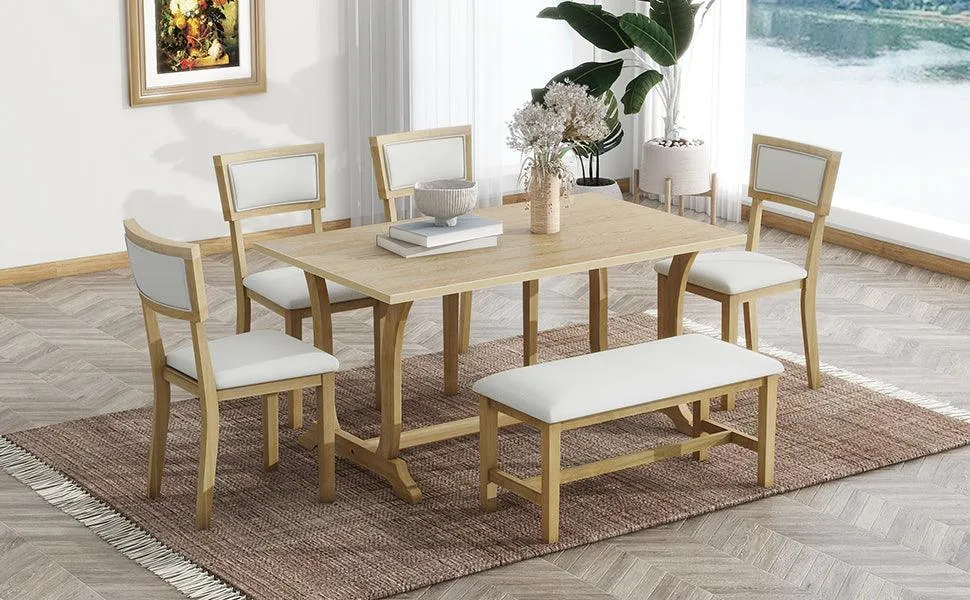 Farmhouse 6-Piece Trestle Dining Table Set, 59" with Upholstered Chairs & Bench, Brown