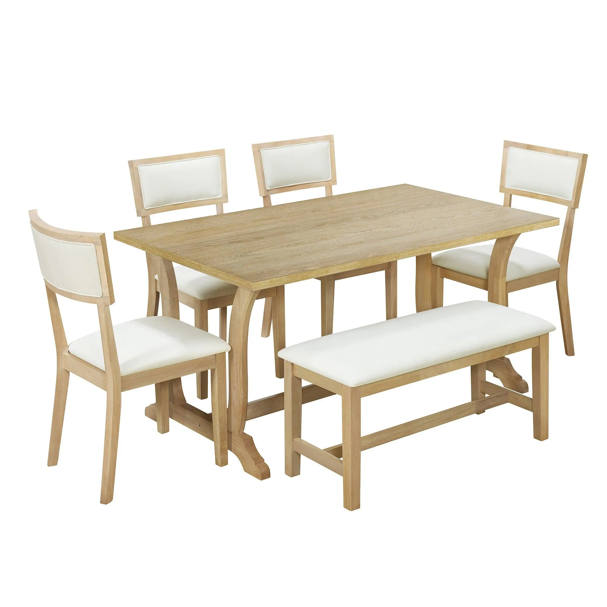 Farmhouse 6-Piece Trestle Dining Table Set, 59" with Upholstered Chairs & Bench, Brown