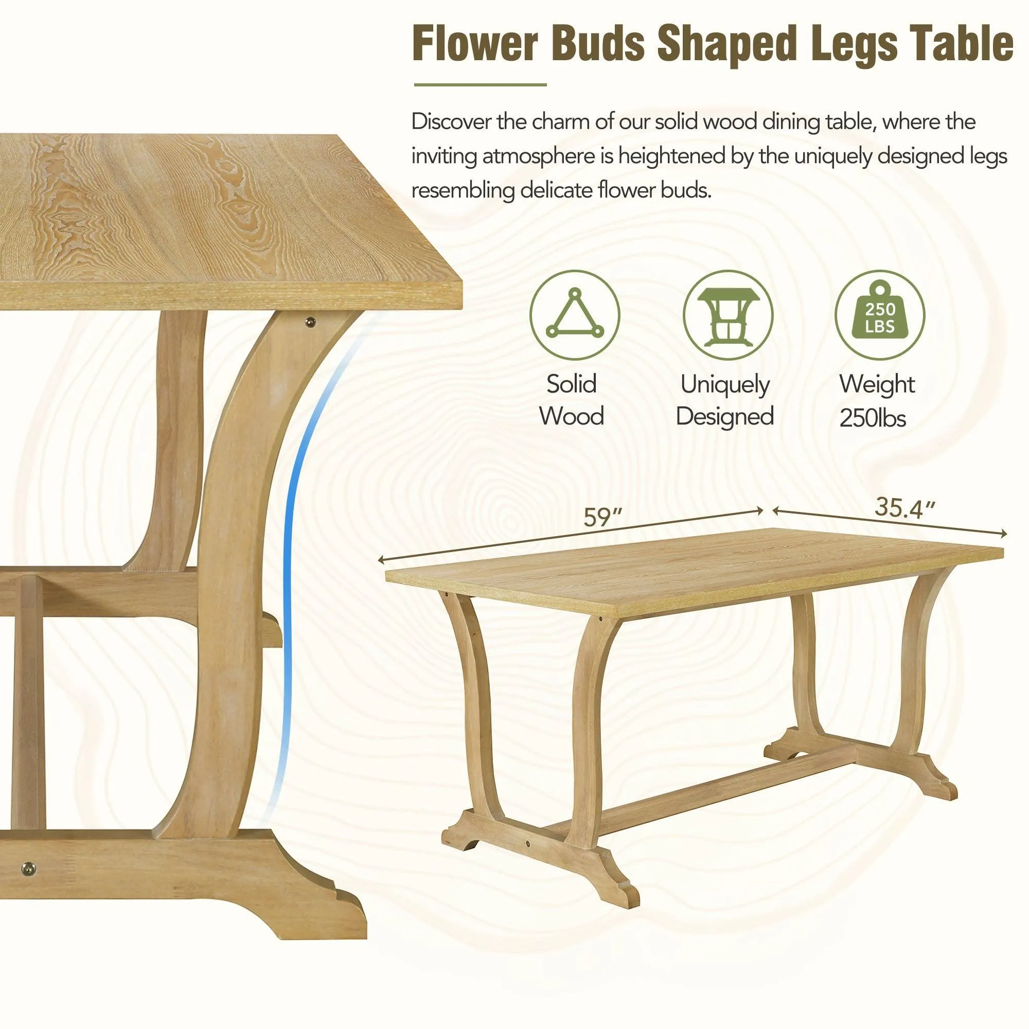 Farmhouse 6-Piece Trestle Dining Table Set, 59" with Upholstered Chairs & Bench, Brown