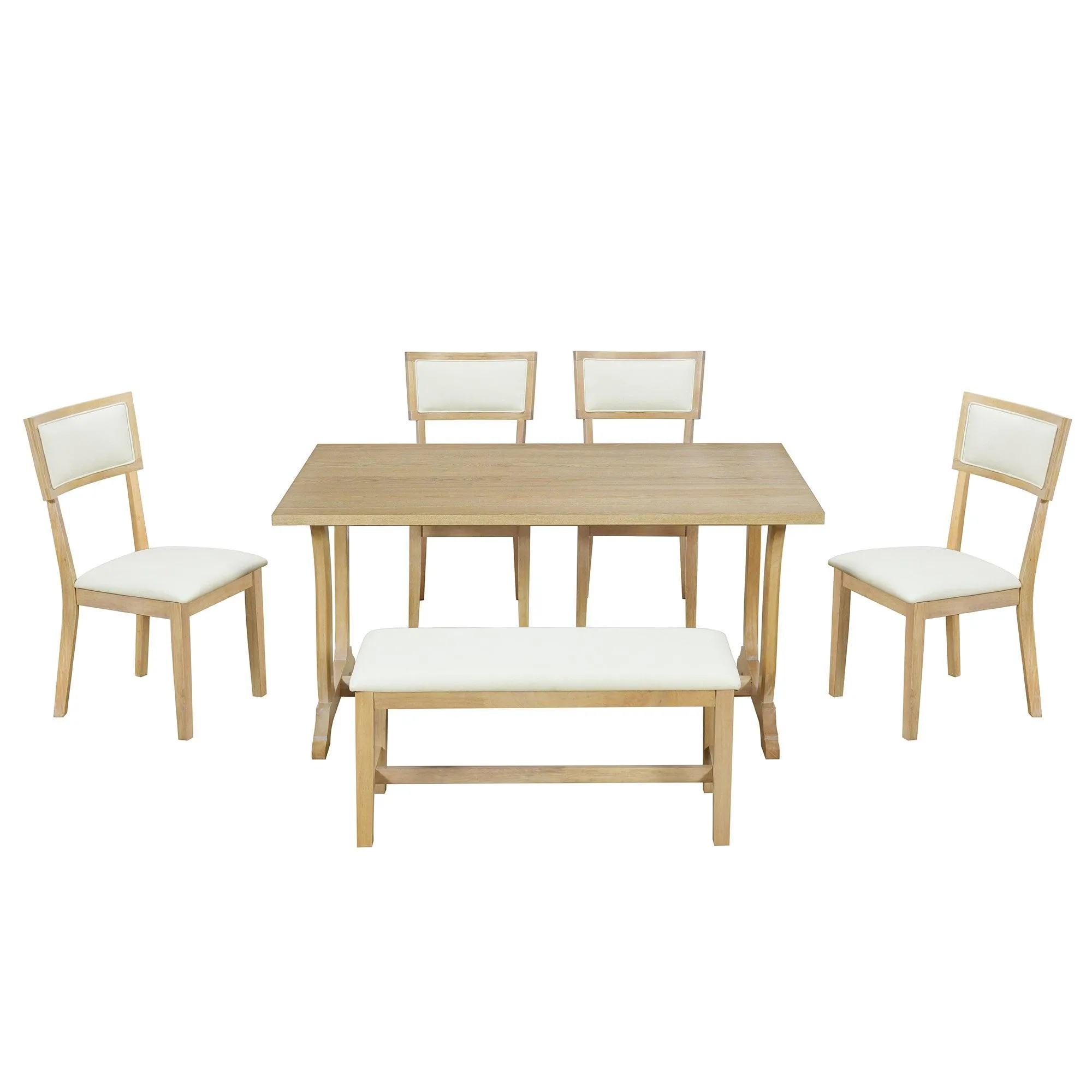 Farmhouse 6-Piece Trestle Dining Table Set, 59" with Upholstered Chairs & Bench, Brown