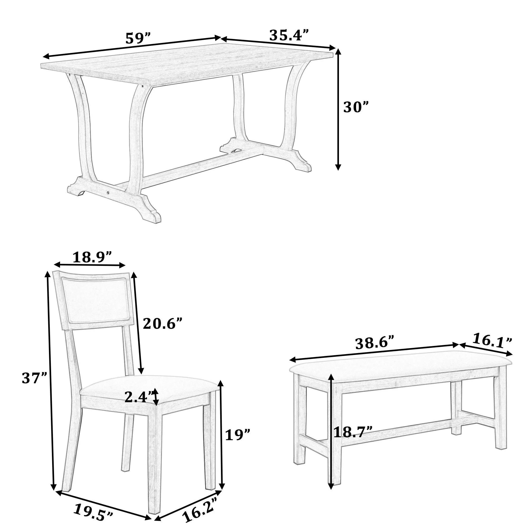 Farmhouse 6-Piece Trestle Dining Table Set, 59" with Upholstered Chairs & Bench, Brown