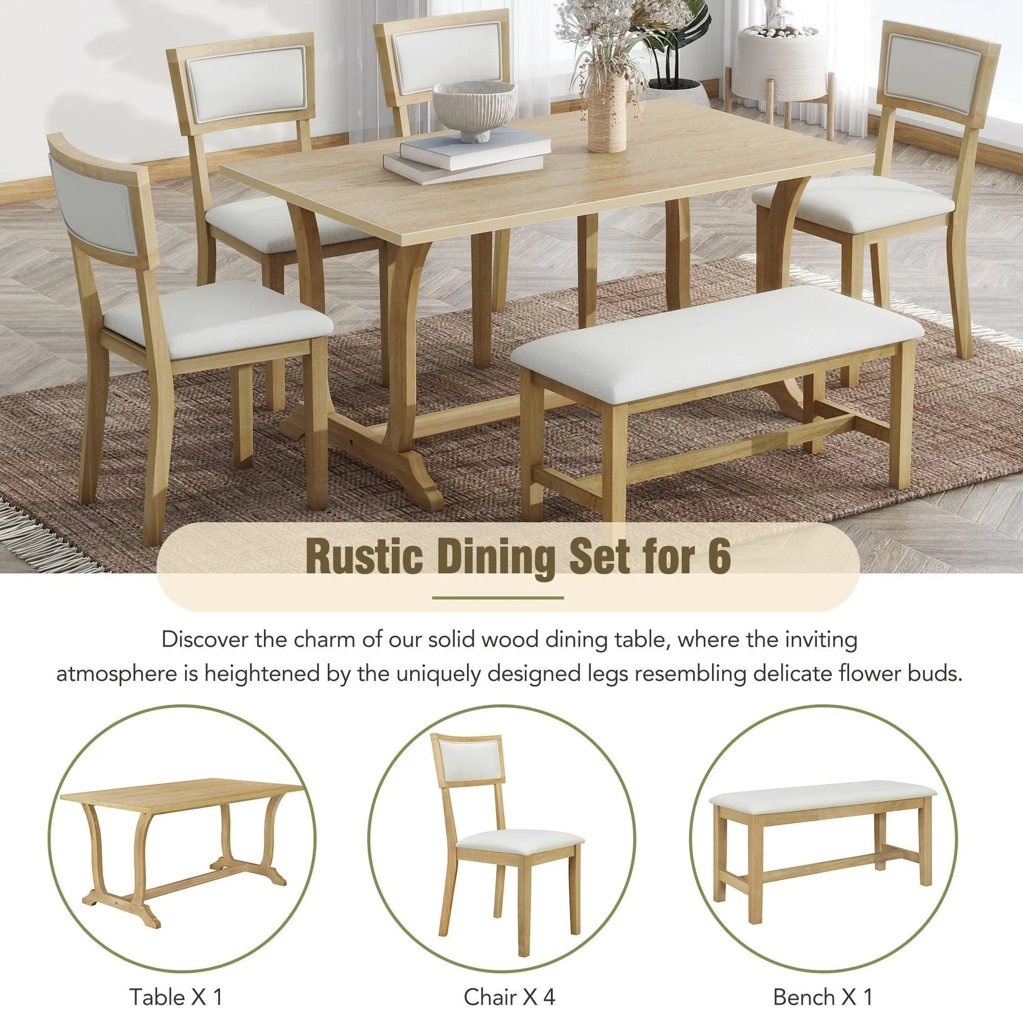 Farmhouse 6-Piece Trestle Dining Table Set, 59" with Upholstered Chairs & Bench, Brown