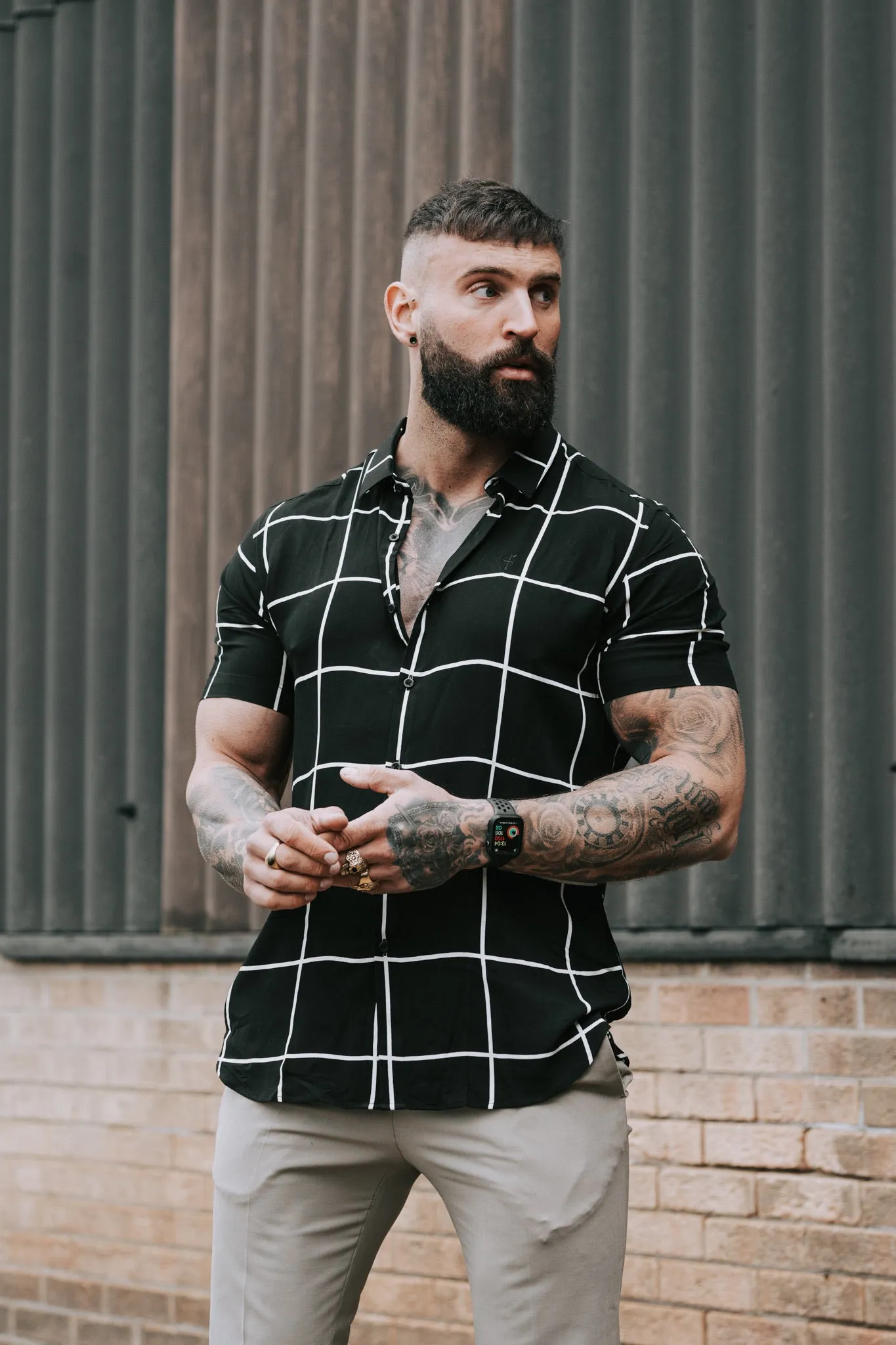 Father Sons Classic Relaxed Black / White Large Grid Check Short Sleeve - FS734