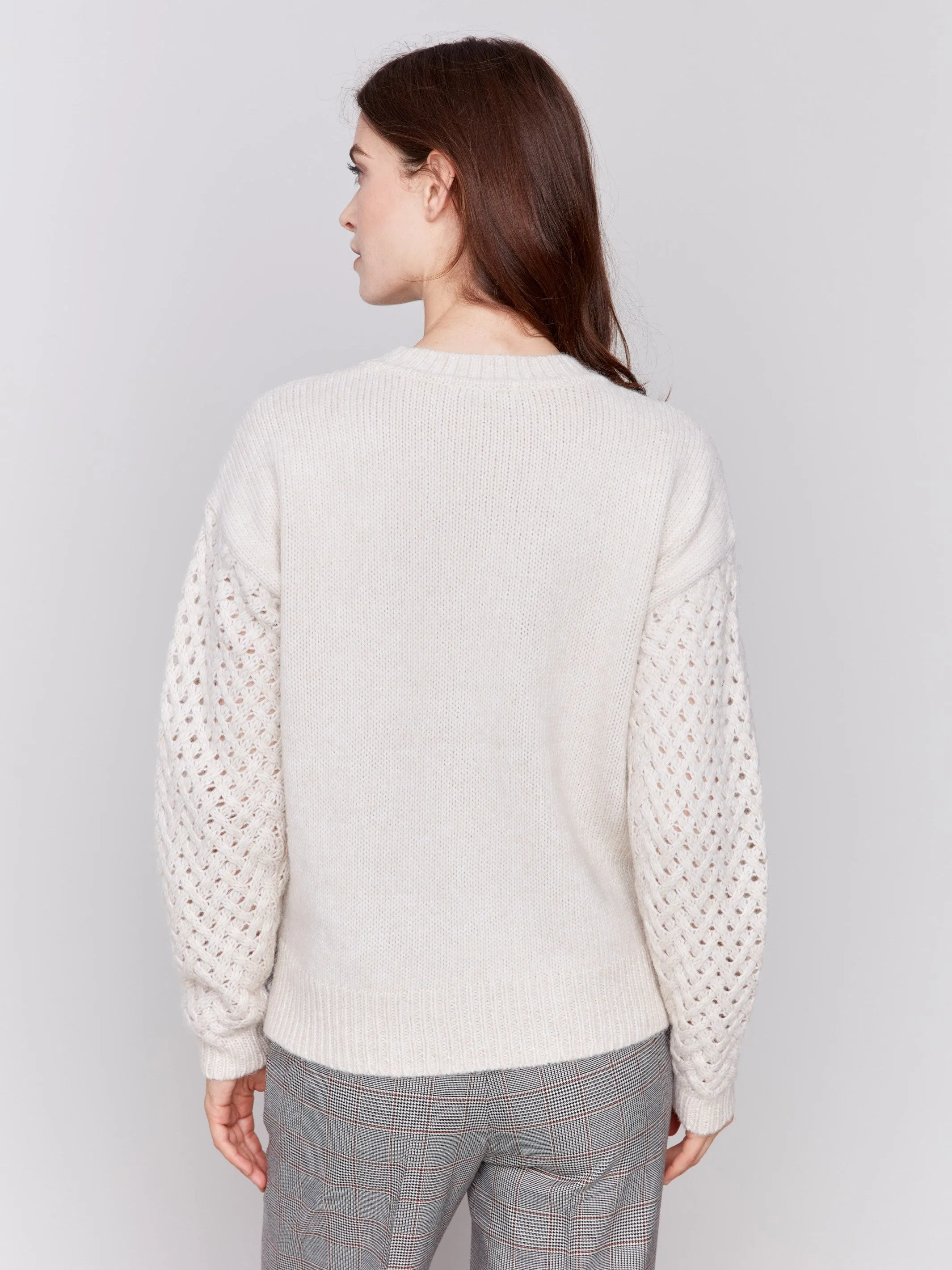 Fishnet Sleeve Crew Neck Sweater - Almond