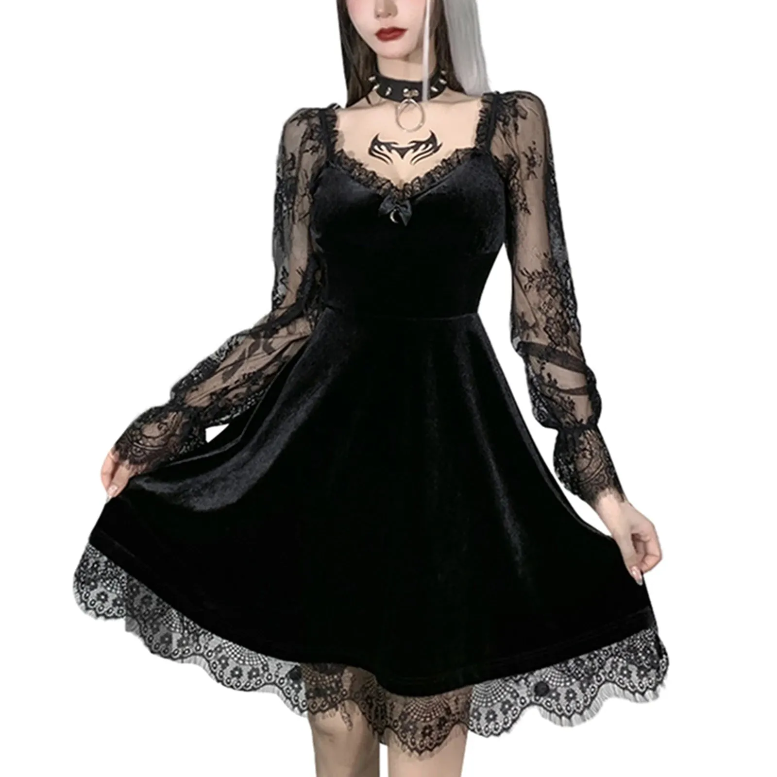 Getadme E-girl Grunge Gothic Black Mini Dress Lace Trim High Waist Bodycon Dress Women 90s Vintage Punk Harajuku Lolita Clothes