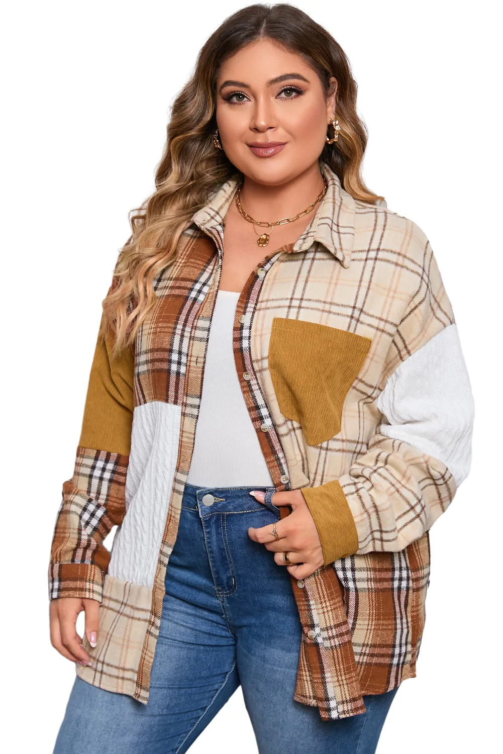 Gold Brick Plus Size Plaid Patchwork Button Up Shacket