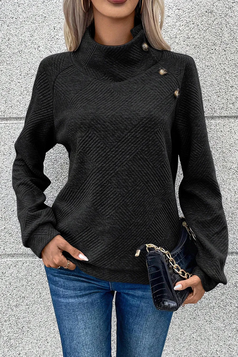 Gray Asymmetric Buttons Detail High Neck Textured Sweatshirt