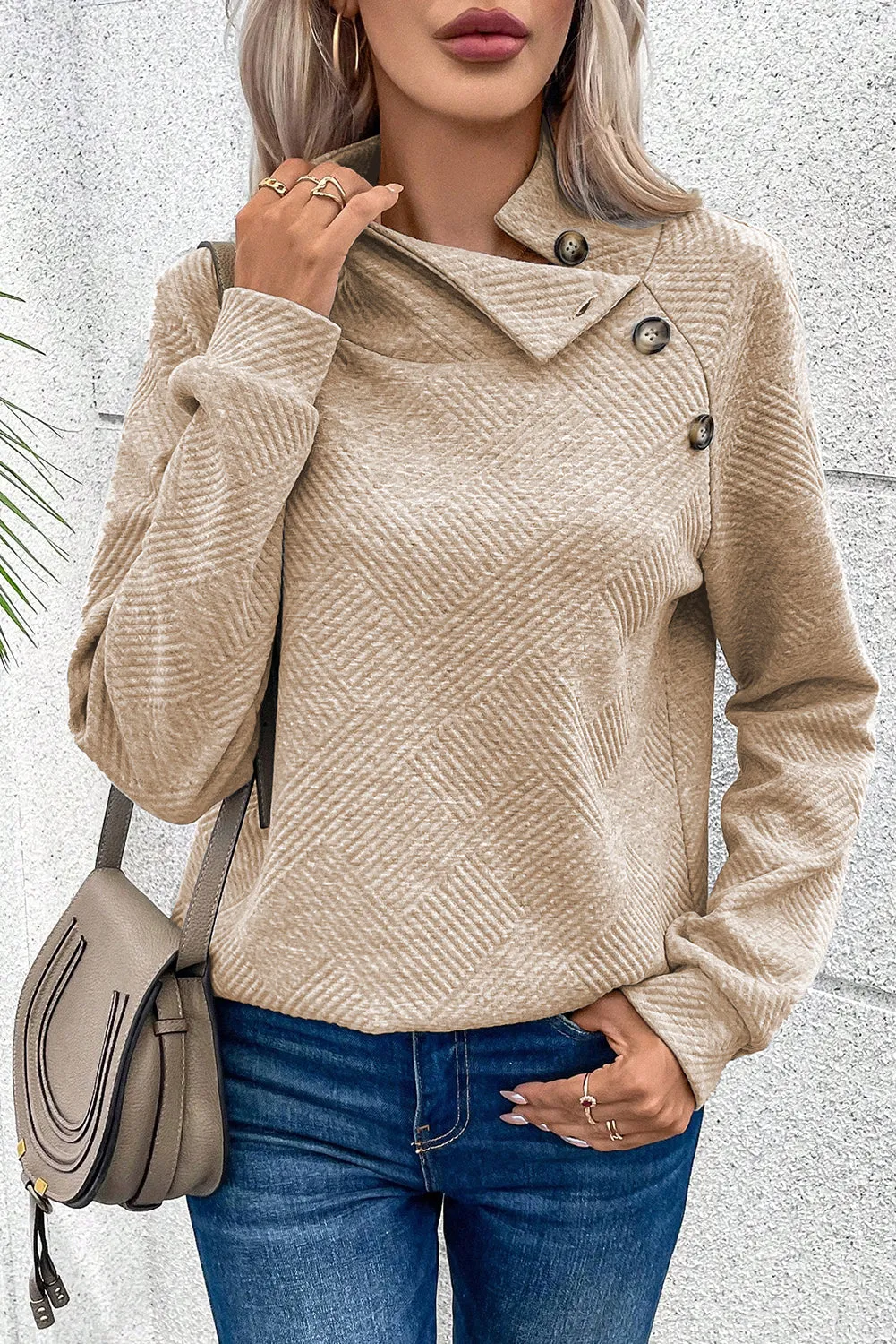 Gray Asymmetric Buttons Detail High Neck Textured Sweatshirt