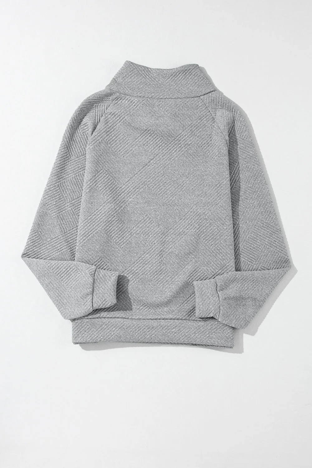 Gray Asymmetric Buttons Detail High Neck Textured Sweatshirt