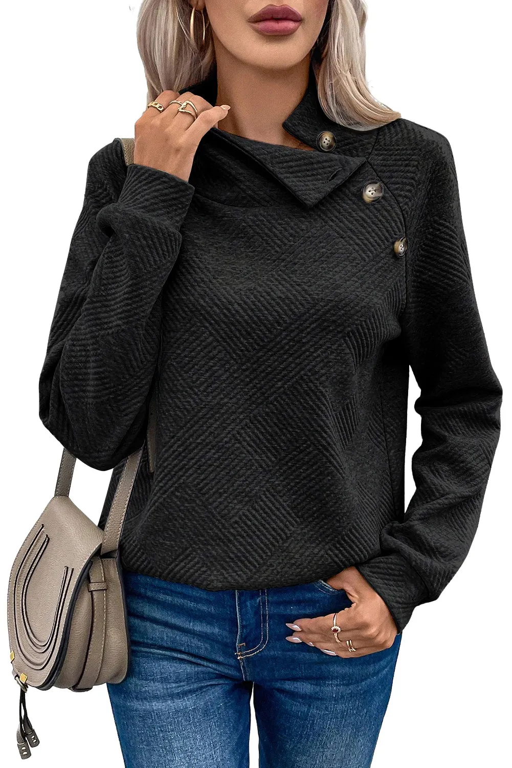 Gray Asymmetric Buttons Detail High Neck Textured Sweatshirt