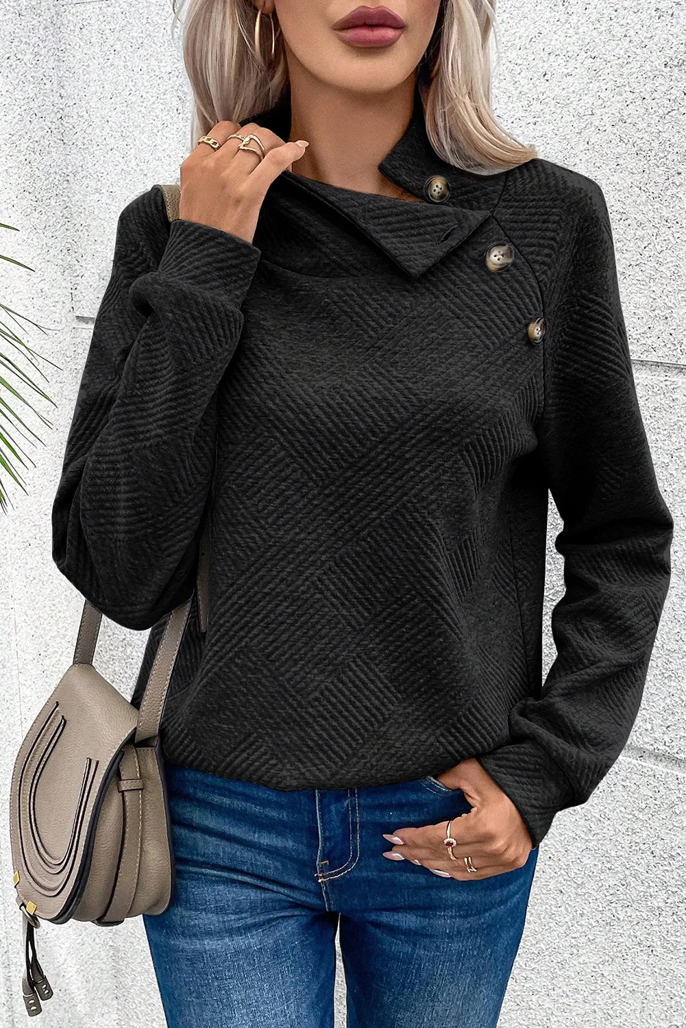 Gray Asymmetric Buttons Detail High Neck Textured Sweatshirt