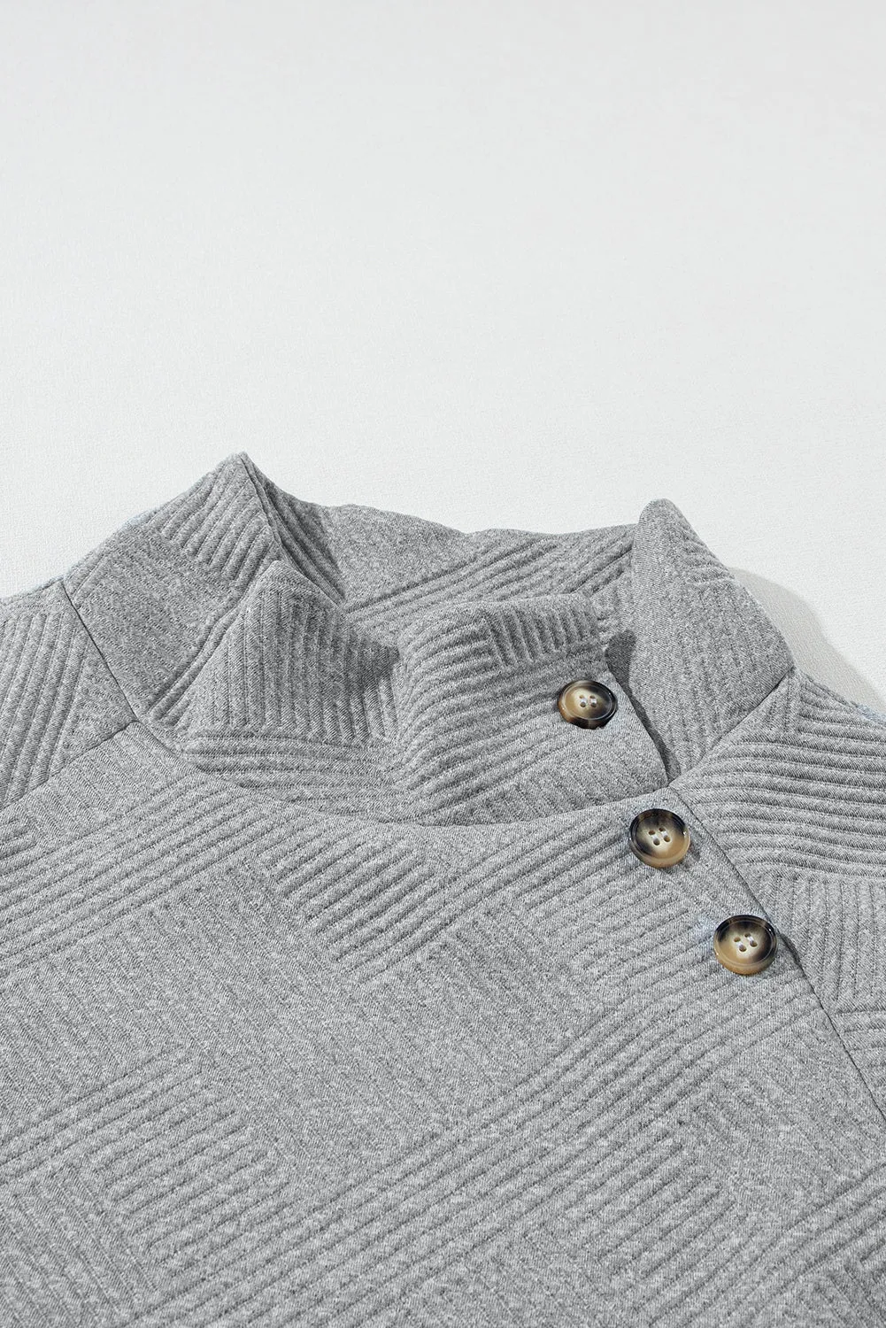 Gray Asymmetric Buttons Detail High Neck Textured Sweatshirt