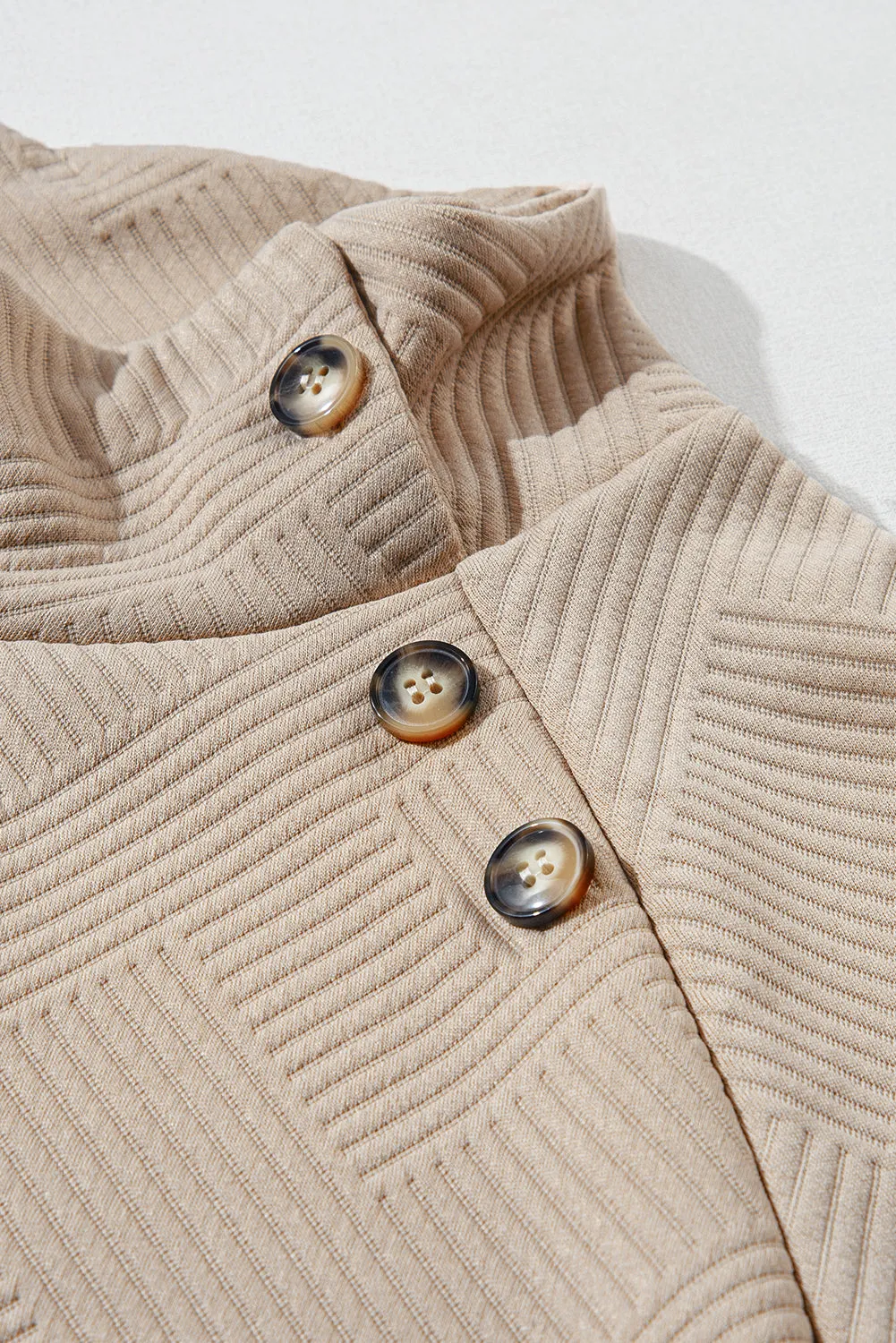 Gray Asymmetric Buttons Detail High Neck Textured Sweatshirt