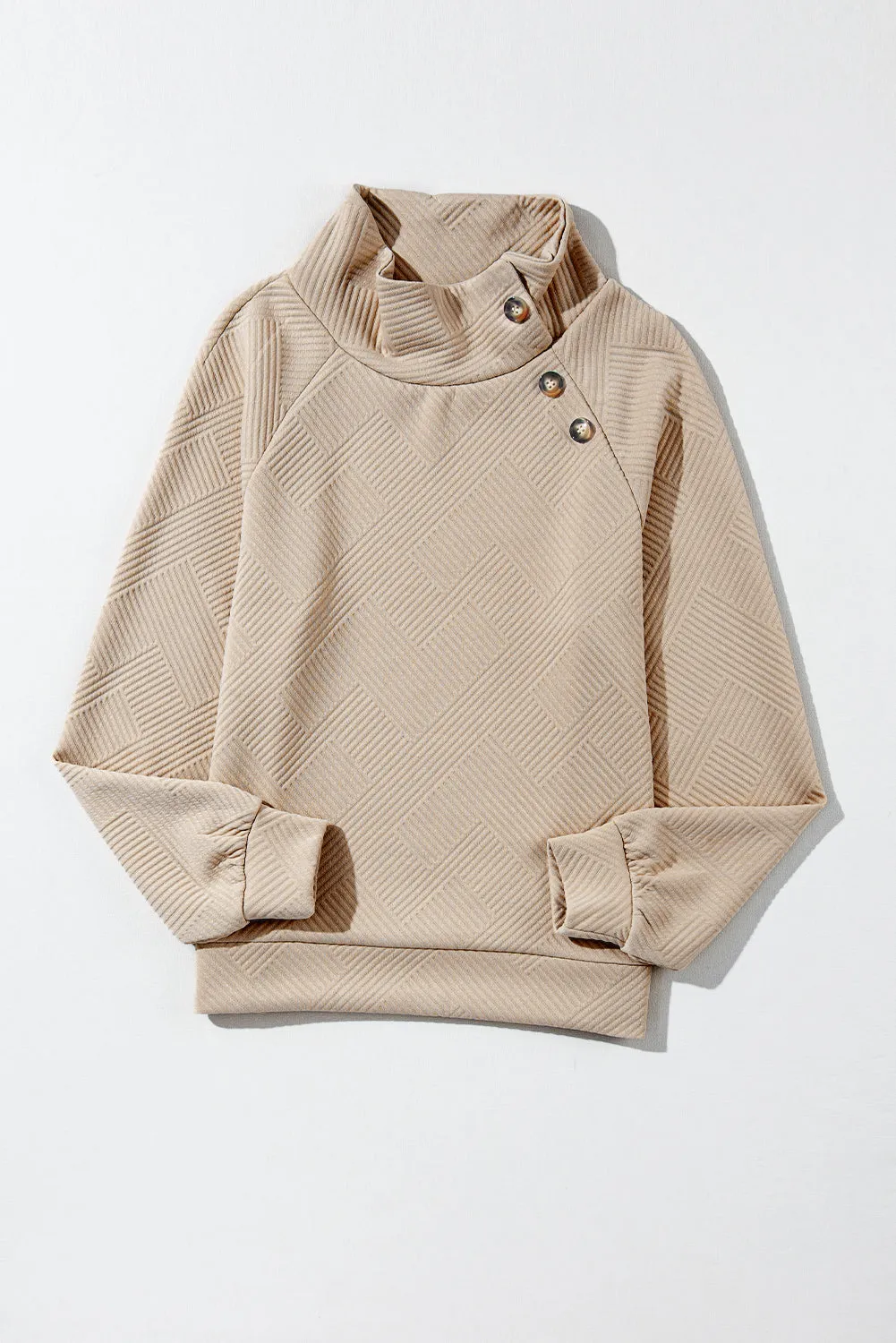 Gray Asymmetric Buttons Detail High Neck Textured Sweatshirt