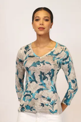 Grey & Turquoise Floral Silk Cotton Top