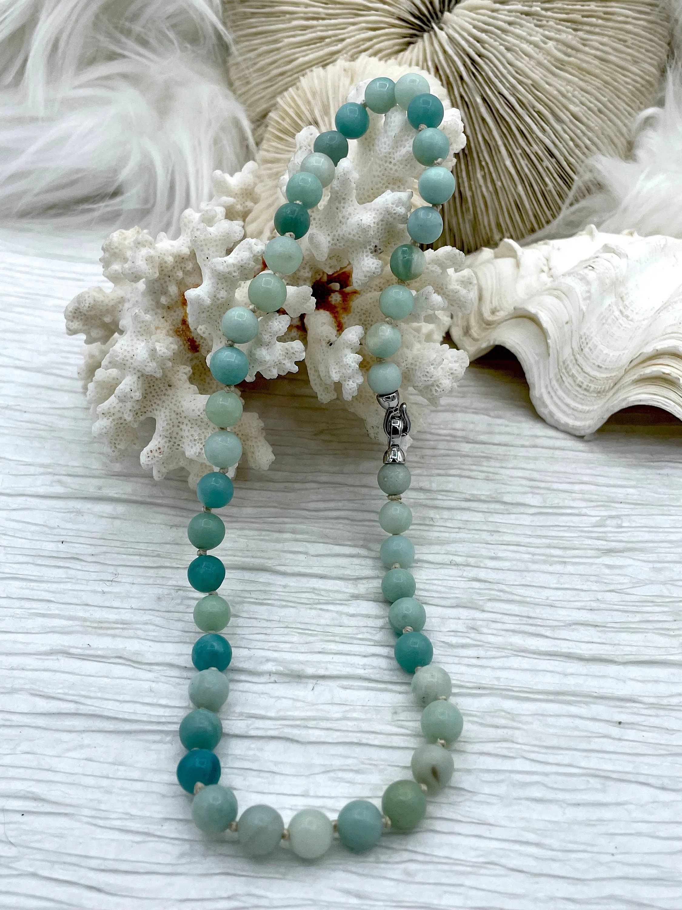 Hand Knotted AA Amazonite Necklace, 16.5",Gold or Silver plated brass fold over clasps with CZ, 8mm round beads,Semi Precious Bead Fast Ship