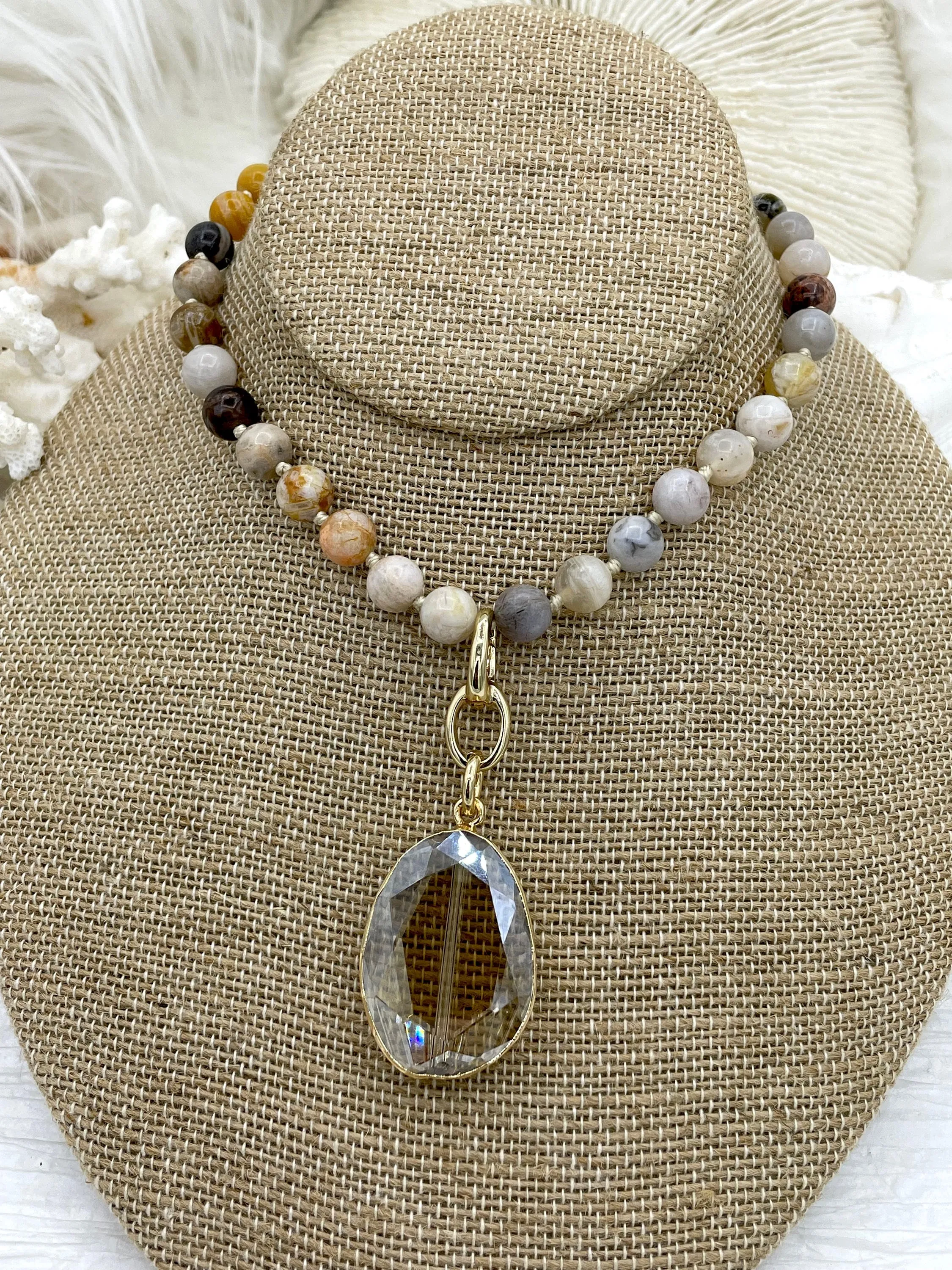 Hand Knotted Bamboo Agate, 16.5" Long,Brass End Caps, Gold or Matte Gold Caps, 8mm round Bamboo Agate Necklace, Semi Precious Bead Fast Ship