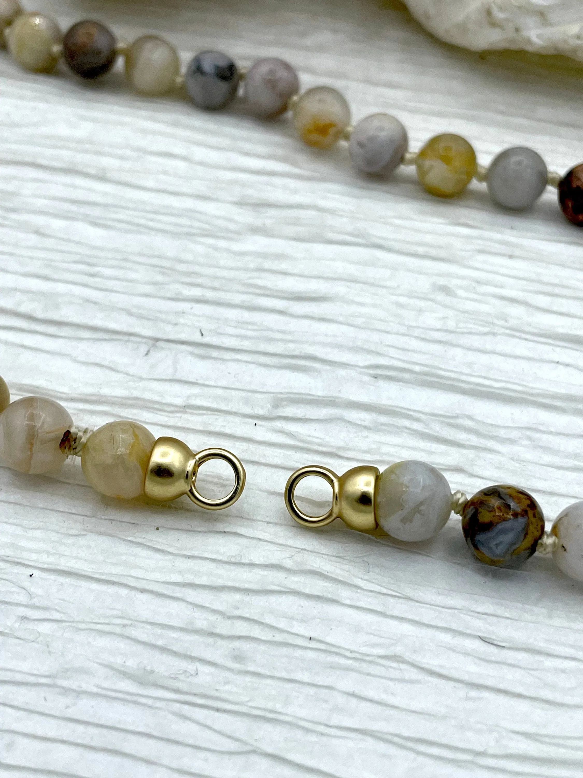 Hand Knotted Bamboo Agate, 16.5" Long,Brass End Caps, Gold or Matte Gold Caps, 8mm round Bamboo Agate Necklace, Semi Precious Bead Fast Ship