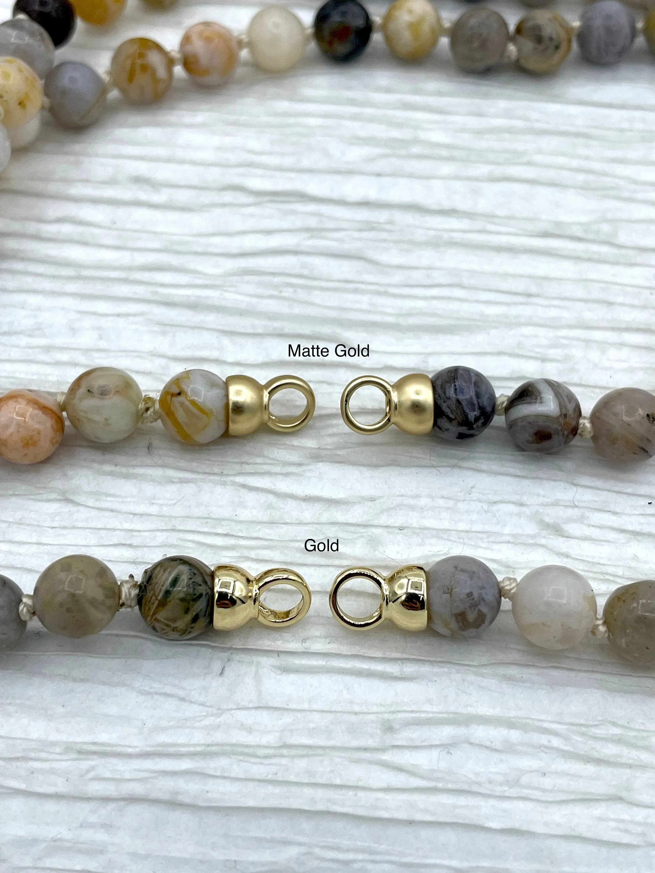 Hand Knotted Bamboo Agate, 16.5" Long,Brass End Caps, Gold or Matte Gold Caps, 8mm round Bamboo Agate Necklace, Semi Precious Bead Fast Ship